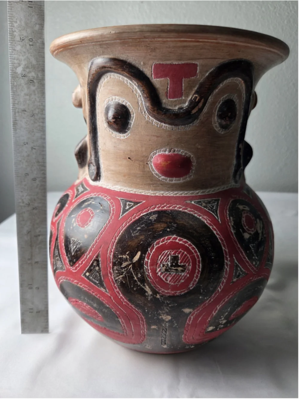 Marajoara Style Anthropomorphic Ceramic Vase Brazilian Amazon Folk Art Hand